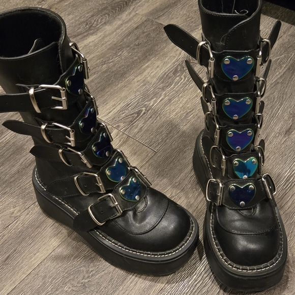 Black Combat Boots with Heart Accents - Picture 3 of 3